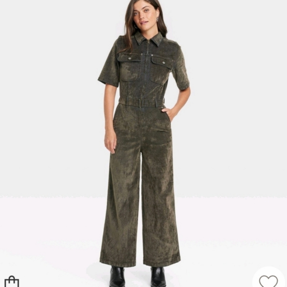 Women's Short Sleeve Flocked Denim Jumpsuit - Universal Thread Olive 6